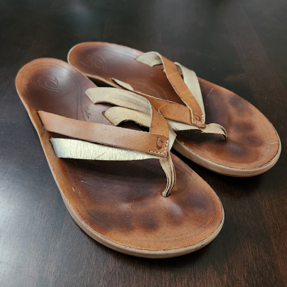 OluKai Kaekae Brown Metallic Gold Leather Sandals Size 10